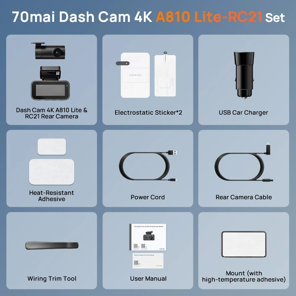 70mai Dash Cam A810 Lite 4K HDR + 1080P, Supercapacitor 4G LTE Remote Control Wi-Fi 6 GPS Voice Control Car DVR 70mai A810 Lite