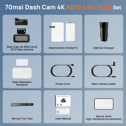 70mai Dash Cam A810 Lite 4K HDR + 1080P, Supercapacitor 4G LTE Remote Control Wi-Fi 6 GPS Voice Control Car DVR 70mai A810 Lite