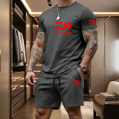 2026 Summer Men's Short Sleeved T-shirt Drawstring Shorts Set Breathable Outdoor Sports Set Men's Daily Fishing Suit