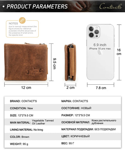 CONTACT'S Genuine Leather Short Wallets for Men Trifold Card Holder Money Clip Coin Purse Male Pocket Wallets Men's Purse Bags