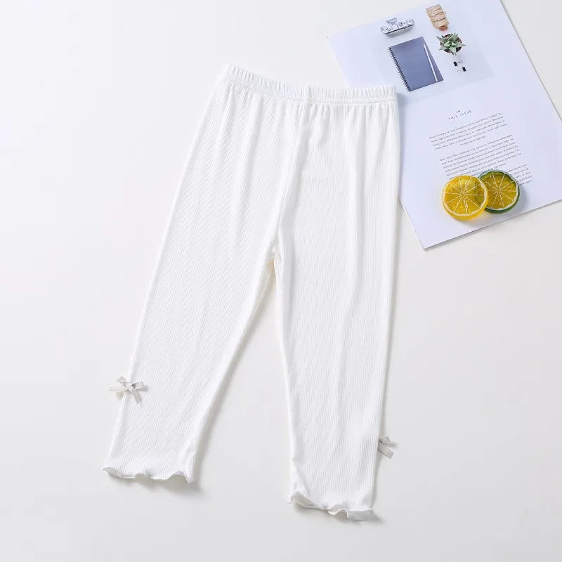 Summer 2026 kids Cropped Leggings Baby Girls Vintage Stripes Elastic Slim Lace cuffs Pants Leggings High Waist Girls Clothing