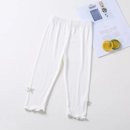 Summer 2026 kids Cropped Leggings Baby Girls Vintage Stripes Elastic Slim Lace cuffs Pants Leggings High Waist Girls Clothing