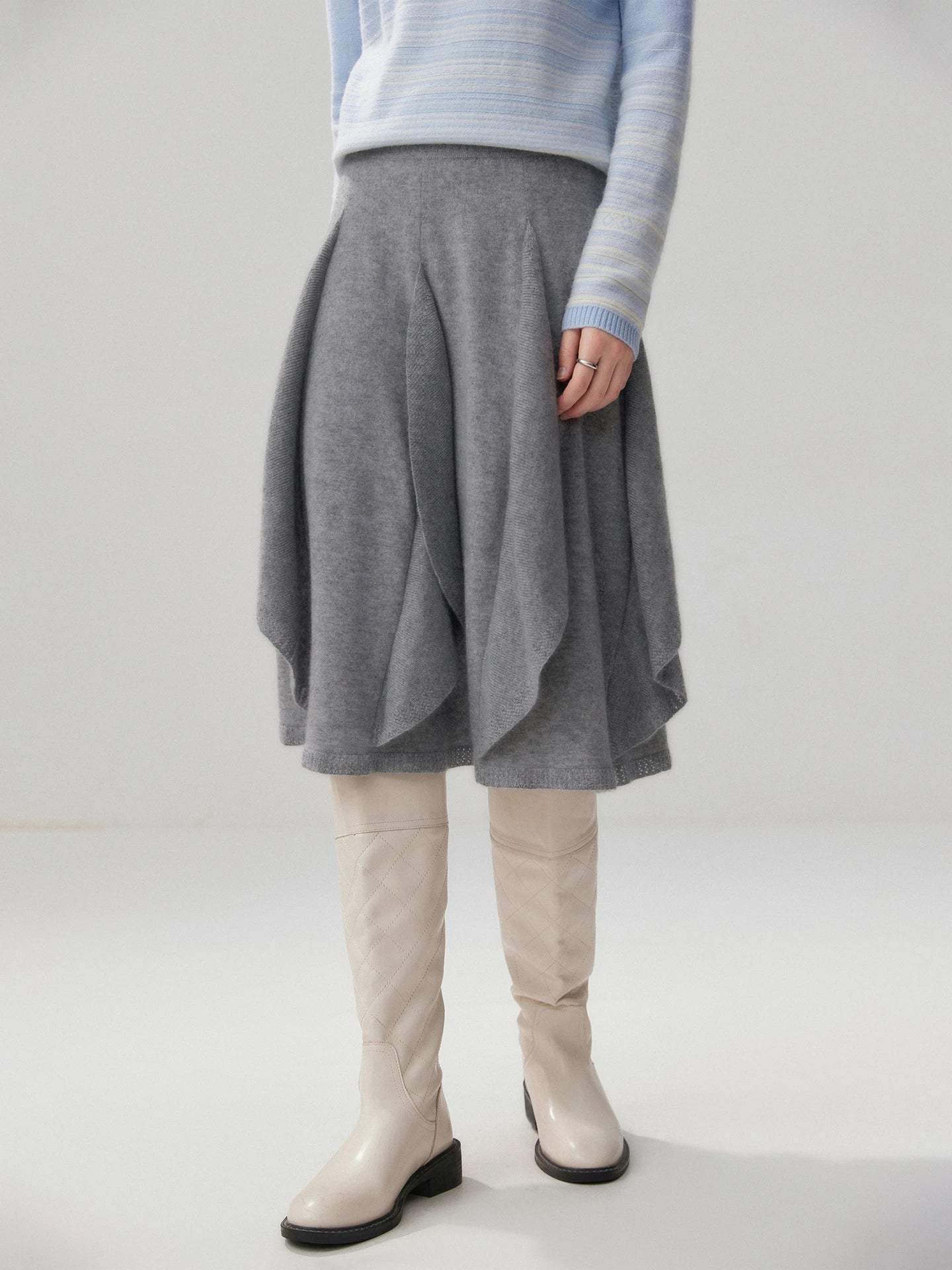 French 100% Pure Cashmere Skirt Ruffle Irregular A-line Soild Midi Sirt Autumn Winter Women Elegant Pleated  Knit Dress Fashion