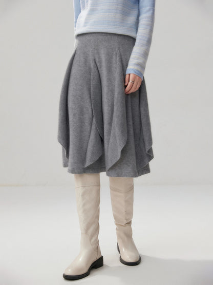 French 100% Pure Cashmere Skirt Ruffle Irregular A-line Soild Midi Sirt Autumn Winter Women Elegant Pleated  Knit Dress Fashion