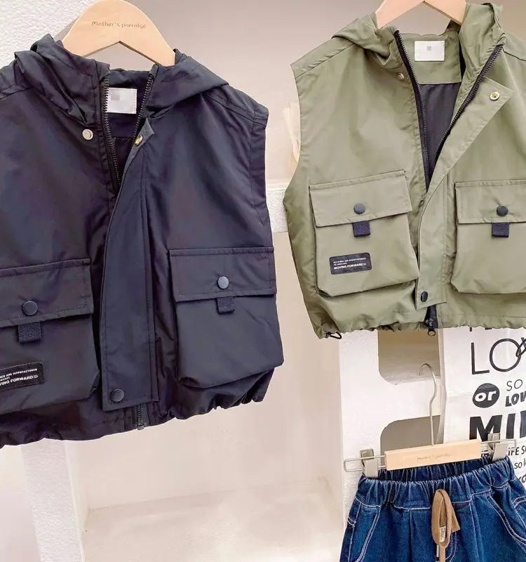 Children's Zipper Vest Spring Autumn Korean New Big Pocket Vestcost Boys Versatile Windproof Hooded Sleeveless Inner Lining Coat