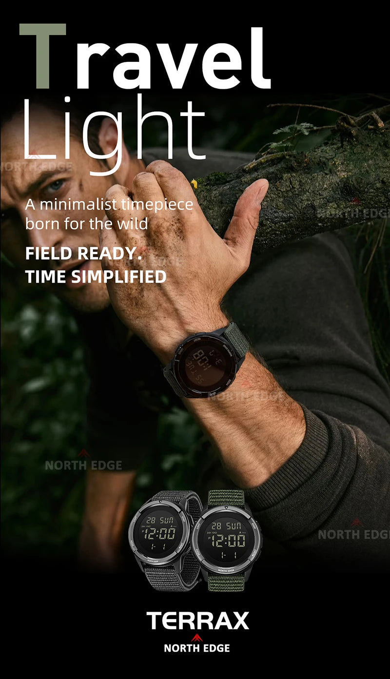 NORTH EDGE 2026 TERRAX Men's Digital Watches Outdoor Sports Swimming Waterproof 50M Stopwatch Countdown Electronic Watch For Men