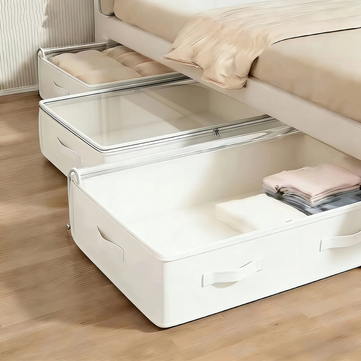 1/3 White Under-Bed Storage Box, Foldable Laundry Organizer with Durable Transparent Window, Under-Bed Style Storage Solution