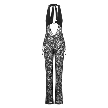 Hirigin Women’s Hollow Lace Tight Jumpsuit Hanging Neck Sleeveless Showing Navel Long Pants Solid Color Bodysuit for Summer