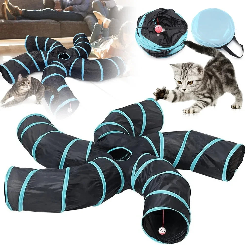 5-Way Foldable S-Shaped Pop Up Cat Tunnel Maze Toy, Interactive Collapsible Play House for Kittens, Small Rabbits, Puppies, Ferrets and Guinea Pigs, Breathable Pet Activity Tunnel for Indoor Entertainment