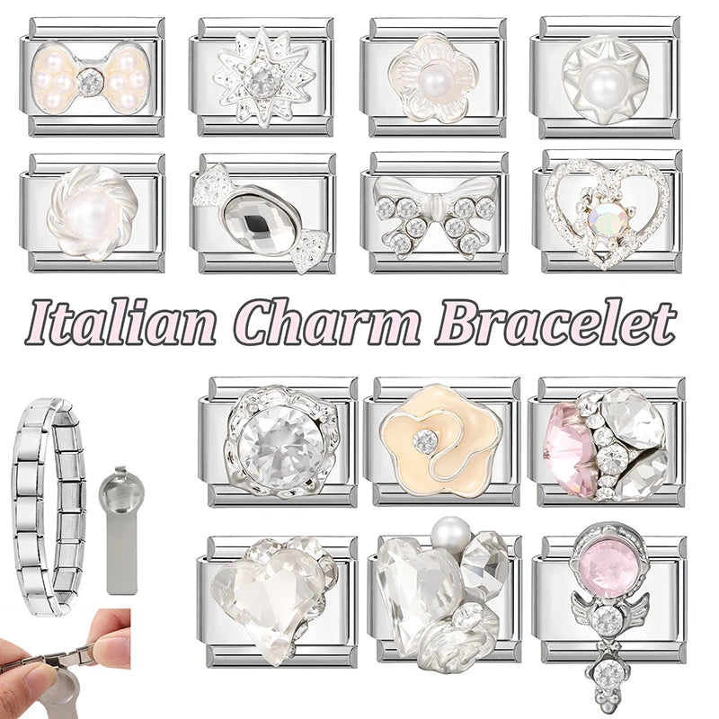 Zircon Pearl Heart Bow Candy Flower Butterfly Italian Charm Links Fit 9mm Stainless Steel Bracelet Personalized DIY Making Gifts