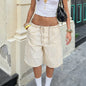 Women Y2K Baggy Cargo Shorts Knee Denim Length Drawstring Waist Multi Pocket Casual Streetwear Summer Loose Fit Jorts