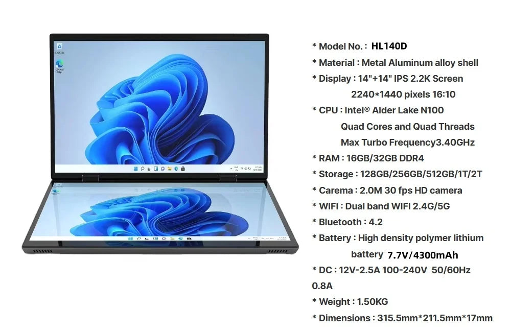 Intel N150 N100 CPU Dual Screen Laptop 14"+14 " 2K Touch Screen Notebook 32GB 360 Degree Flip Metal Case 2 in 1 Laptop Computer