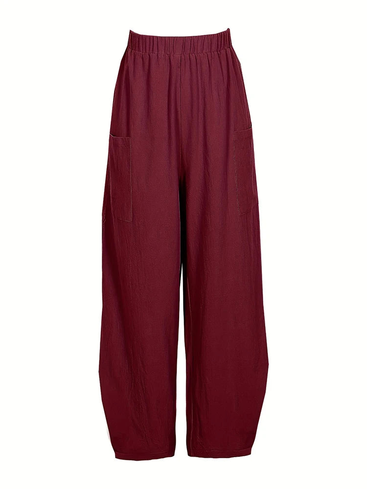 Plus Size Women's Cotton-Linen Harem Trousers Retro Loose-Fit Casual Trousers Elasticated Waistband Workwear Wide-Leg Trousers
