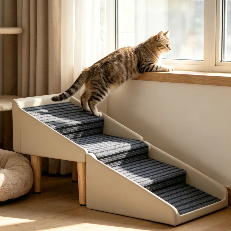 Foldable Pet Stairs and Stool 2 in 1 Non Slip Steps for Dogs Cats Bed Sofa Access Wooden Legs Storage Ottoman