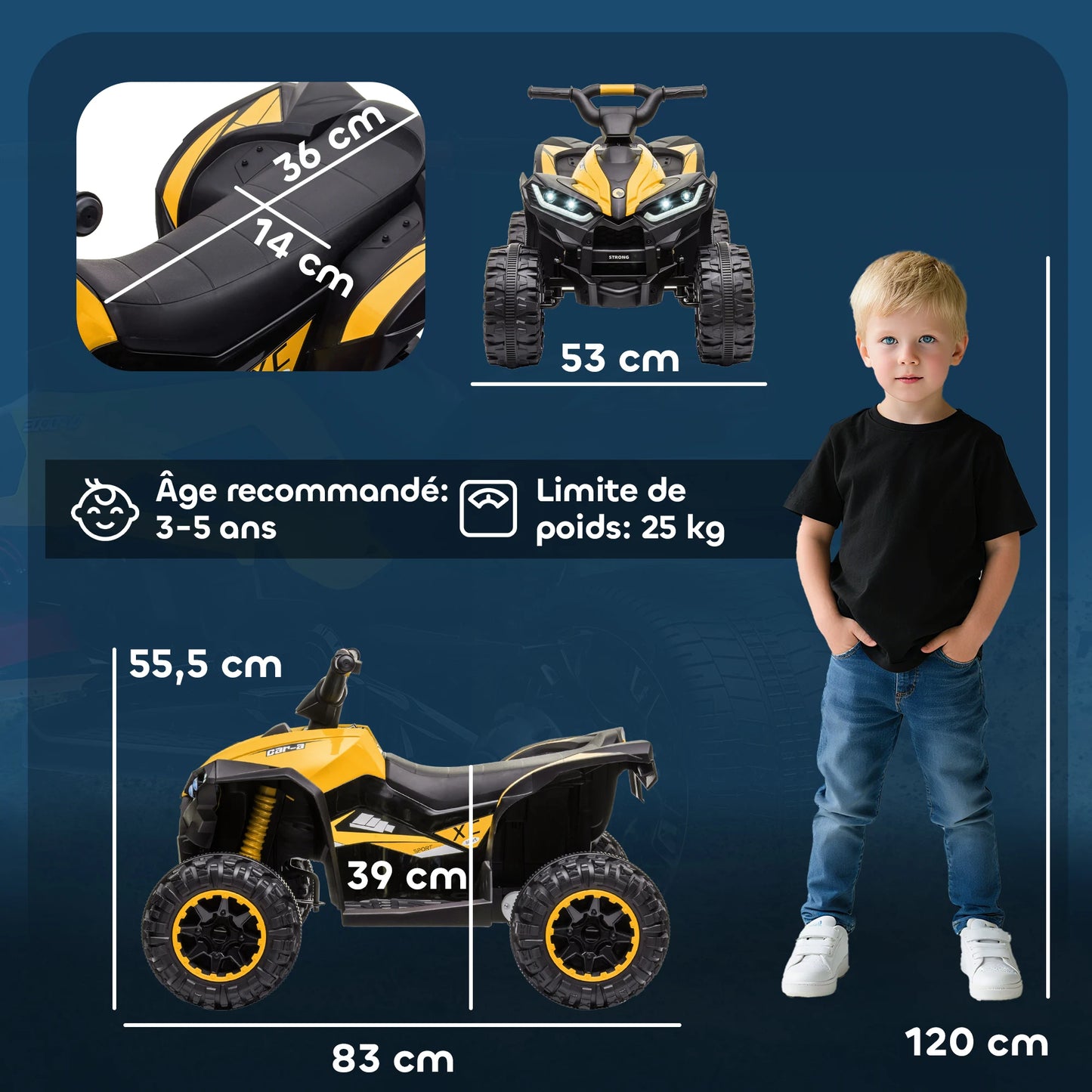 12 V electric quad for children, 2-motor electric car for kids with 2 speeds at 3–6 km/h, LED headlights and horn, suitable for 3–5 year-old children, ergonomic handle and seat, yellow
