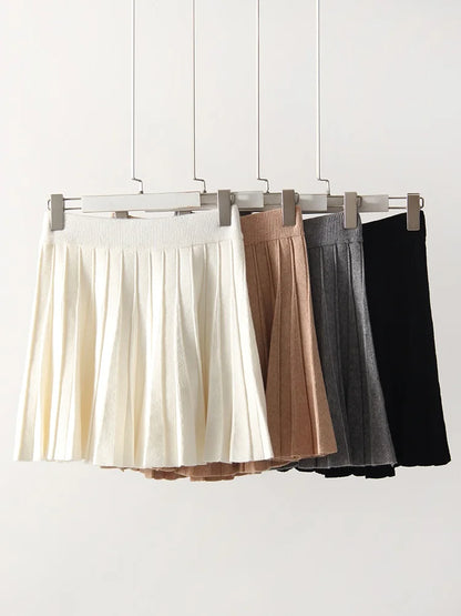 Autumn Knit White Mini Pleated Skirts For Women A Line Skirt Gray High Waist Women Knitted Pleated Short Skirts Korean Fashion