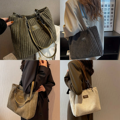 Stylish Corduroy Tote Bag for Women, Large Capacity Plush Shoulder Bag, Versatile Commuter & Travel Bag.