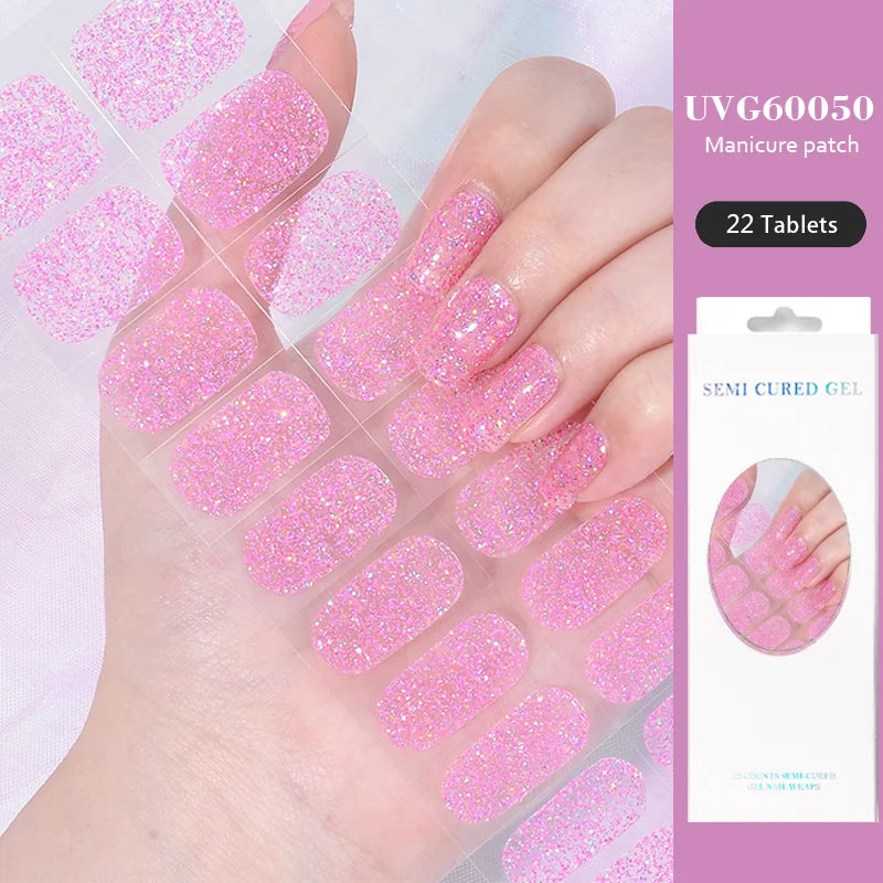 16/22 Tips Semi Cured Gel Nail Stickers for UV Lamp Designer Adhesive Nail Gel Wraps DIY Long-lasting  Nail Decoration