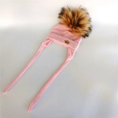 Newborn Baby hat for Boys Girls with ear Warmmer earflap rope Winter Cotton Beanie Pom Pom Bobble crown Hat Cap Hat for Kids boy