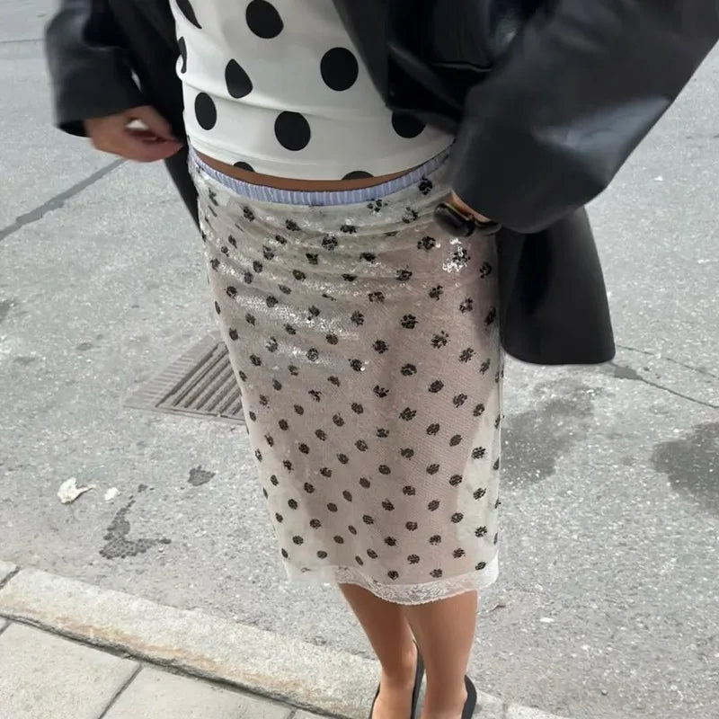 High Waist Glitter Skirt Fashion Sequins Vintage Polka Dot Printed Skirts Summer Party Y2k Sexy Hot Girls Womens Skirt