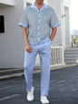 2025 Autumn Geometric Color Block Printed Short-sleeved Set, 2pcs Daily Casual And Loose Men's Shirt Set, Casual And Fashionable