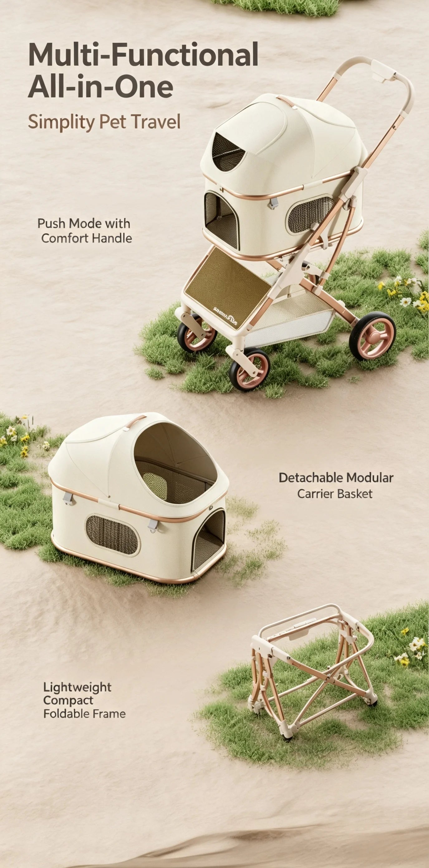 Aluminum Alloy Lightweight Pet Stroller Detachable Carrier One-Click Fold Shock Absorb Dog Cat Outdoor Travel Cart Wholesale