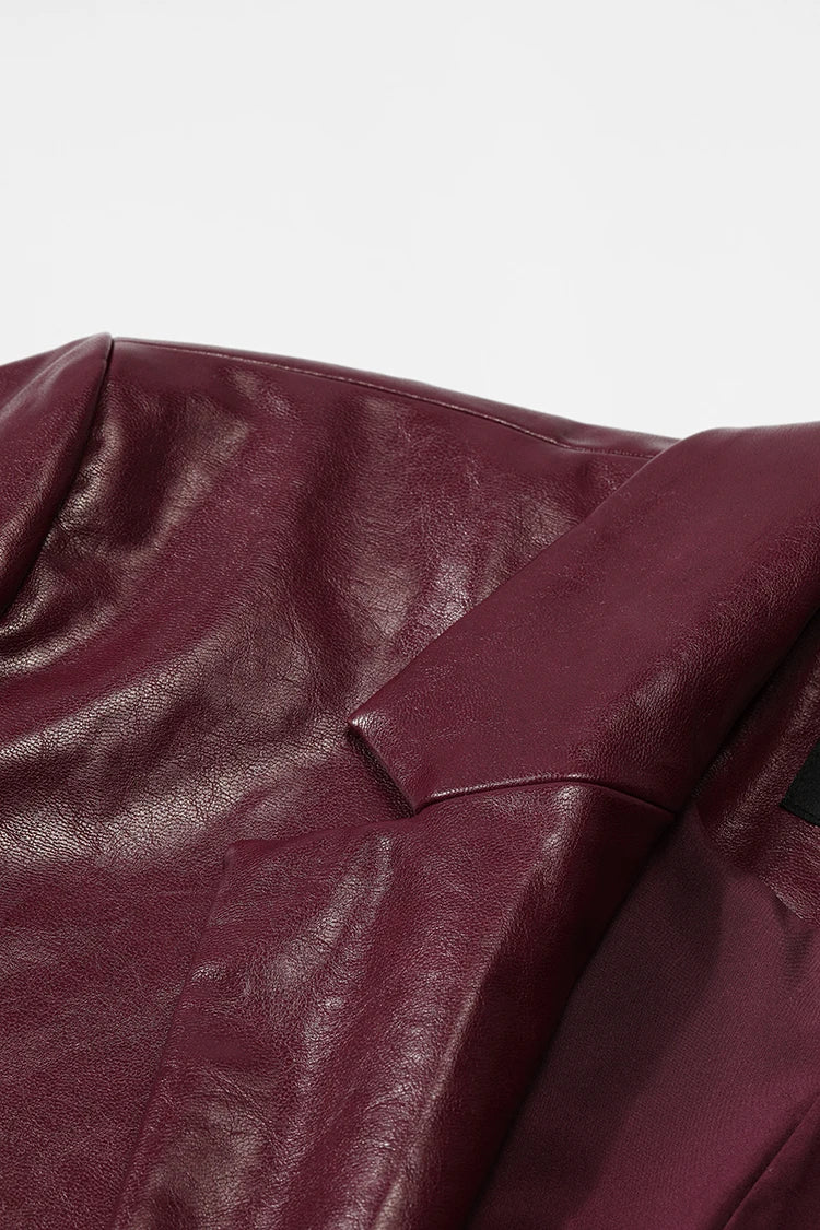 ELFSACK Women's Faux Leather Blazer Oversized Wine Red Long Sleeve Casual Office Wear Jacket Fashion Streetwear Coat