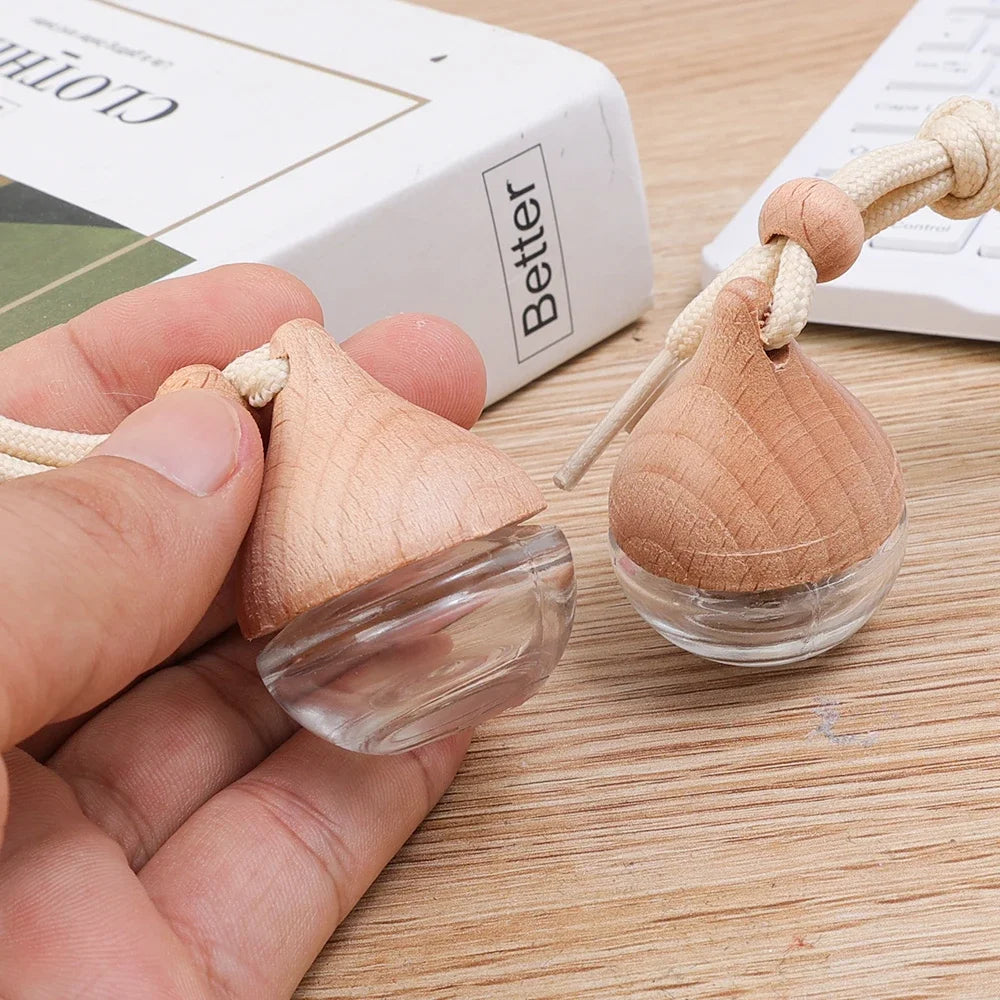 6ML Empty Car Air Freshener Pendant Perfume Glass Bottle With Wooden Caps Refillable Car Essential Oil Diffuser Bottle