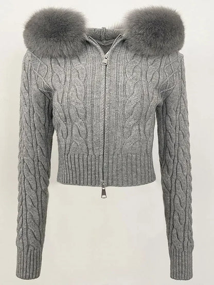 Fashion Natural Fox Fur Collar with Knitted Sweater Women Casual Sweater 2025 New Spring Autumn Slim Fit Elastic Oversized Coat
