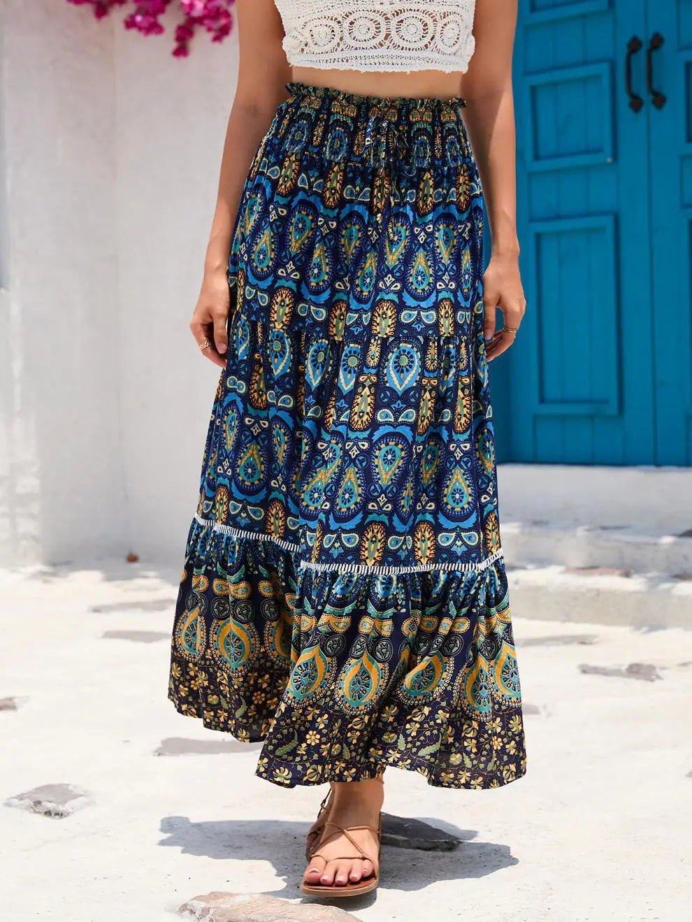 Women's Casual Temperament Skirt Women's Fashionable Bohemian Printed Elastic Waist Temperament Skirt Big Sway Temperament Skirt
