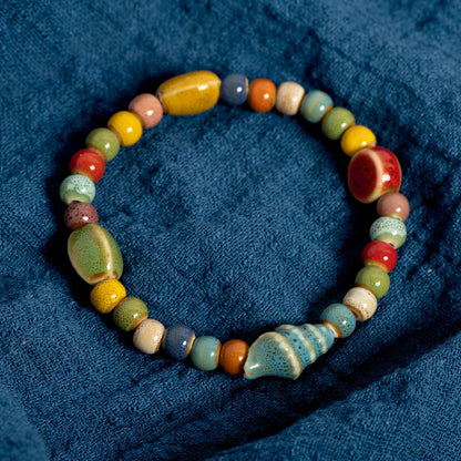Handmade Colorful Starfish & Seashell Ceramic Beaded Bracelet Boho Beach Jewelry Elastic Wristband for Women & Teens S001186