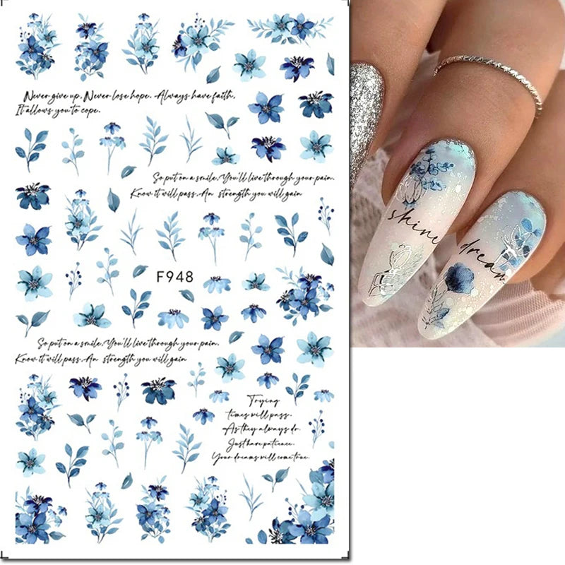 3d Nail Art Decals Elegant White RoyalBlue Roses Flowers Adhesive Sliders Nail Stickers Decoration For Nail Manicure