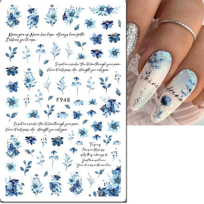 3d Nail Art Decals Elegant White RoyalBlue Roses Flowers Adhesive Sliders Nail Stickers Decoration For Nail Manicure