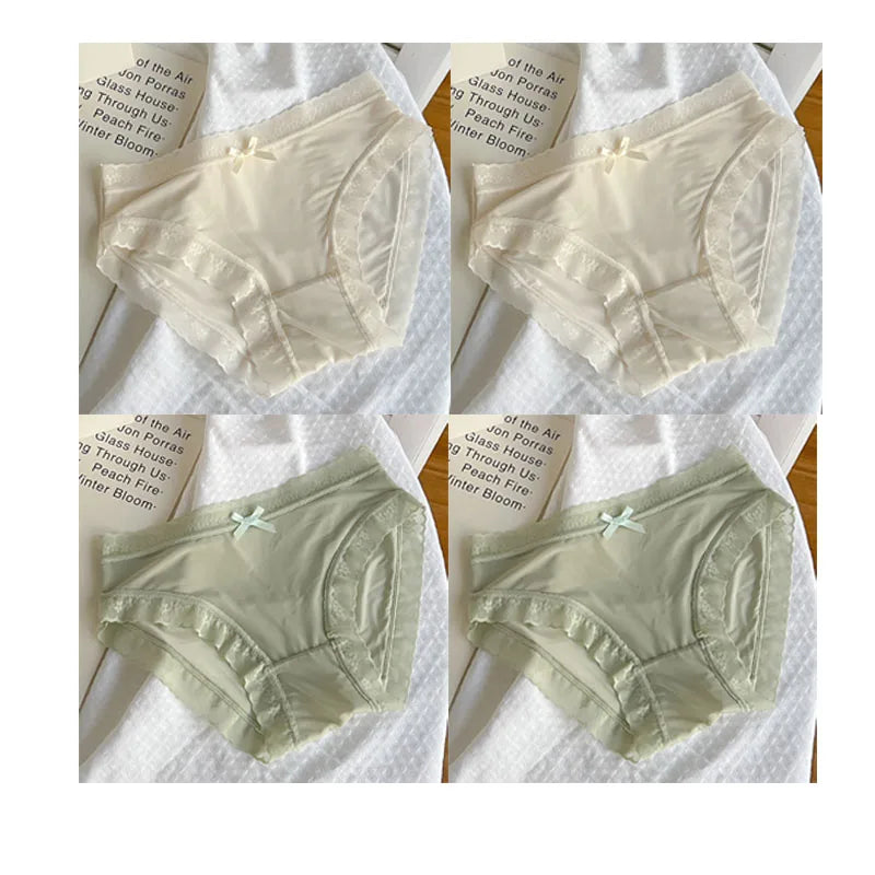 4 PCS/PACK Solid Color Women's Panties Mid-Waist Breathable Comfort Sexy Antibacterial Lace Innerwear