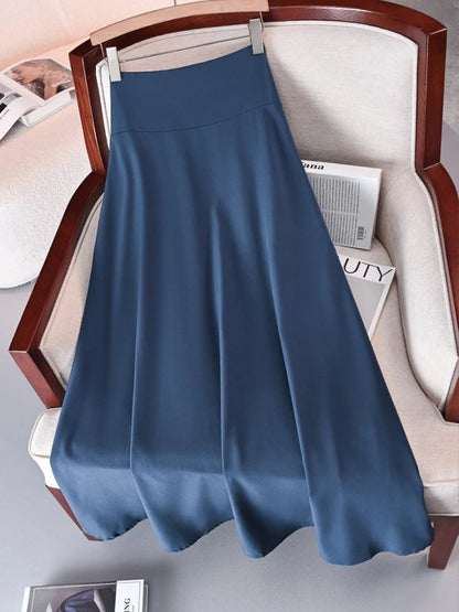 New In Dresses Solid Color A-line Skirts for Woman Clothing High Elastic Waist Long Skirt Women With Bow Elegant Women's Skirts