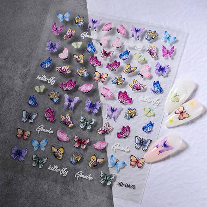5D Hibiscus Flower Nail Embossed Sticker Acrylic Pink White Gold Petal Leaf Adhesive Decal Butterfly Dragon Floral Elegant Decor