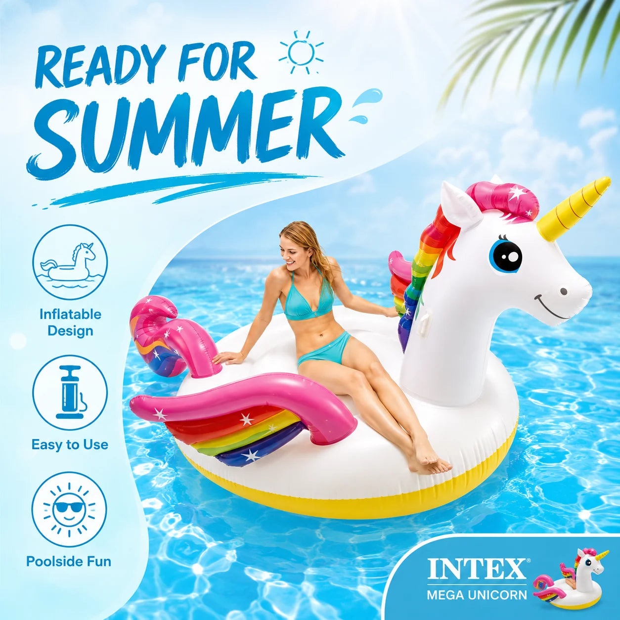 INTEX Mega Unicorn Inflatable Pool Float Large Ride-On Swimming Island Rainbow Unicorn Water Lounger for Adults Summer Pool Party