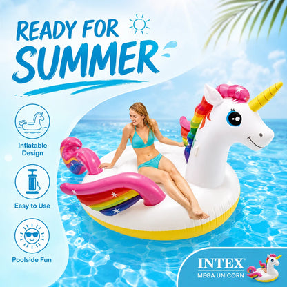 INTEX Mega Unicorn Inflatable Pool Float Large Ride-On Swimming Island Rainbow Unicorn Water Lounger for Adults Summer Pool Party