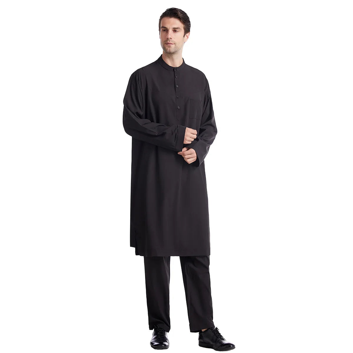 Muslim Men Jubba Thobe 2 Pice Set Top with Pant Mens Abaya Long Islamic Eid 2025 Ramadan Long Robe Saudi Wear Caftan Dubai Arab