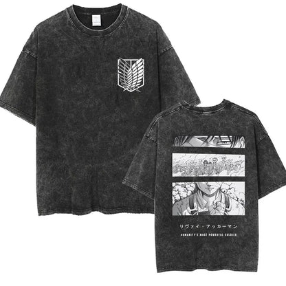 Anime Attack on Titan Vintage Washed Print T-shirt Mikasa Ackerman Eren Jaeger Wings of Freedom Logo Mens Summer Cotton T-shirts