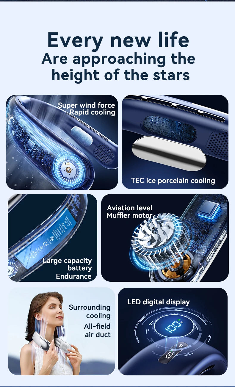 Lenovo Neck Fan 5 Speed Adjustable Bladeless Silent Neck Hanging Fan USB Rechargeable LED Digital Display Ice Refrigeration Fan