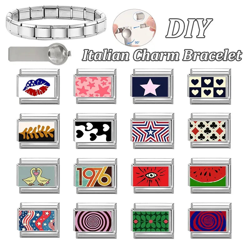 2026 Women Colored Star 1976 Eyes Heart Swan Watermelon Charms Italian Links Fit 9mm Bracelet Stainless Steel DIY Making Jewelry