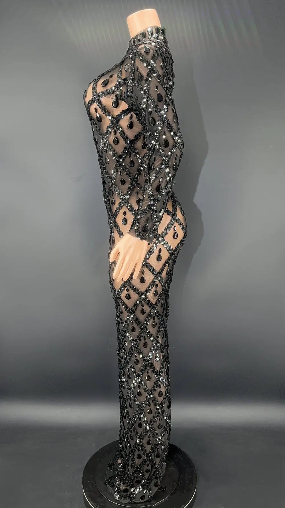 Sparkly Silver Big Rhinestone Transparent Long Dress Evening Birthday Celebrate Luxurious Costume Dancer Flashing Dress