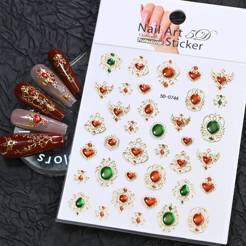 5D Embossed Emerald Gemstones Nail Art Stickers Luxury Golden Frame Baroque Flower Nail Decals Green Rhinestones Nail Supplies