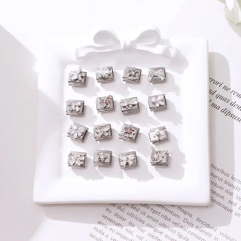 New Shiny Zircon Heart Butterfly Flower Star Bow Italian Charm Links Fit 9MM Stainless Steel Bracelet Girls' DIY Making Gift
