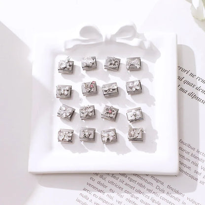 New Shiny Zircon Heart Butterfly Flower Star Bow Italian Charm Links Fit 9MM Stainless Steel Bracelet Girls' DIY Making Gift