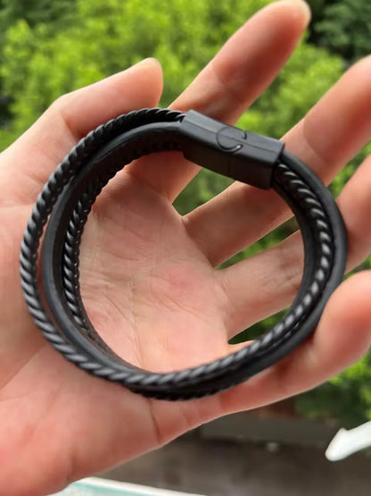 21cm Trendy Leather Bracelets Men Stainless Steel Multilayer Braided Rope Bracelets For Male Bracelets Jewelry