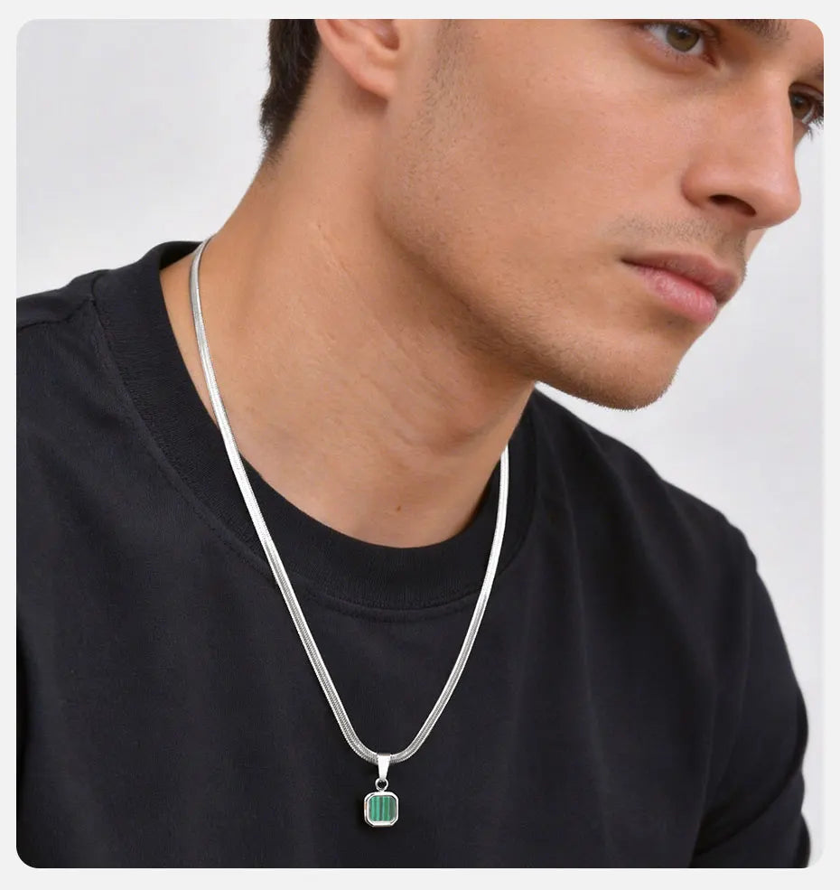 Vnox Geometric Square Natural Stone Pendant Necklace for Men, Gold Silver Color Stainless Steel Blade Chain, Trendy Jewelry Gift