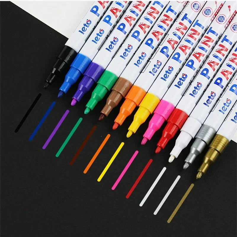 12PCS Waterproof Car Wheel Tire Oily Mark Pen Auto Rubber Tyre Colorful Permanent Painting Pen Graffiti Touch Up Paint Mark Pen