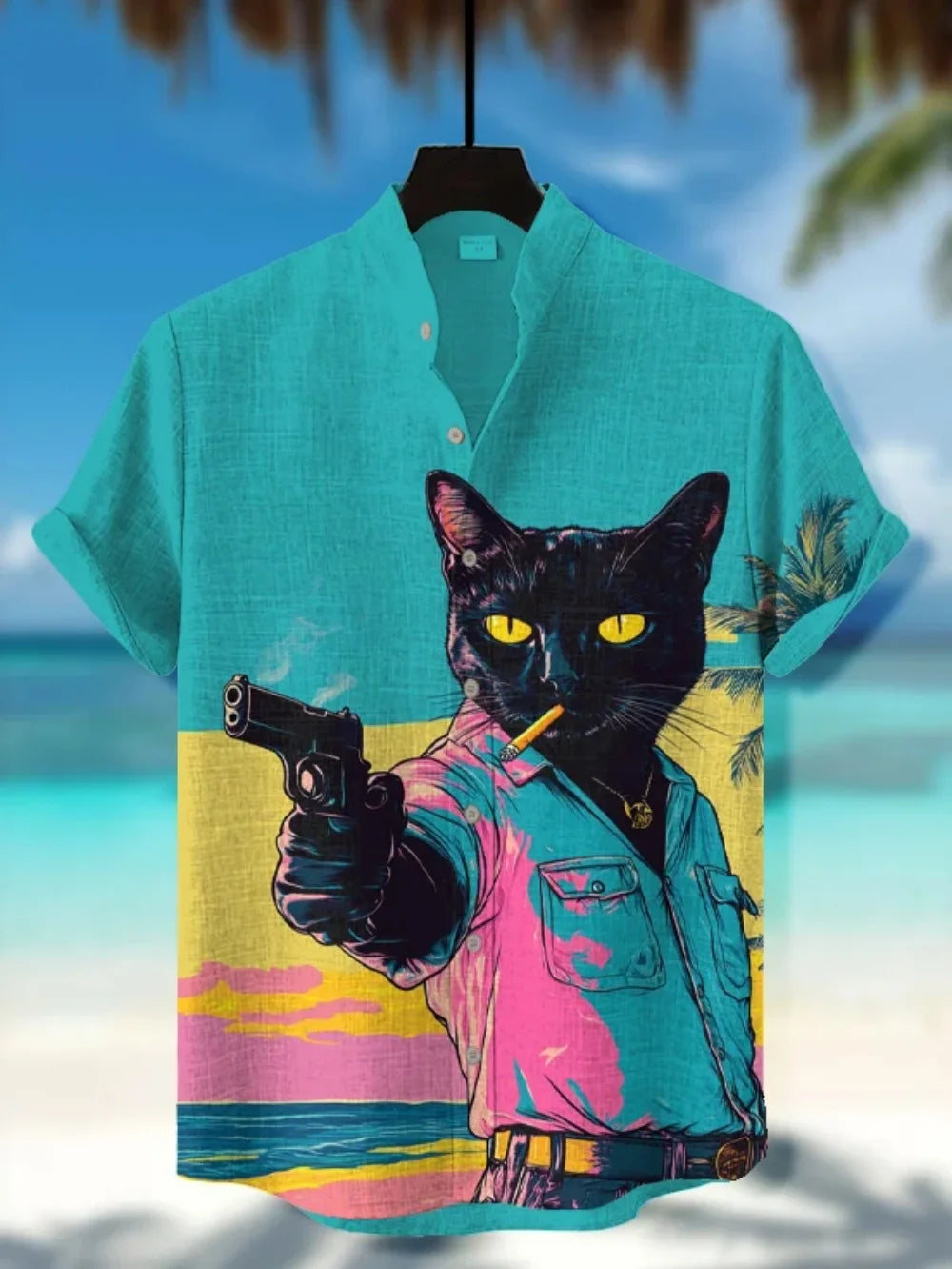Men's Japanese Retro Art Black Cat Print Shirt Short Sleeve Stand Up Collar Single Breasted Casual Linen Top for Vacation